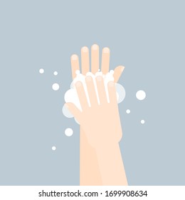 Lavarse las manos con jabón de estilo plano sobre fondo gris. Ilustración vectorial.