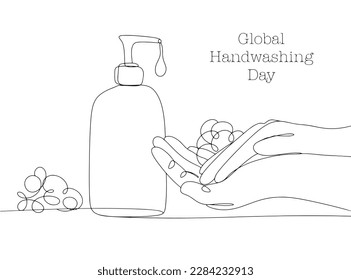 Washing hands with soap. Foam in palms. Liquid soap. One line drawing for different uses. Global Handwashing Day. Vector illustration