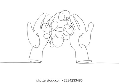 Washing hands with soap. Foam in palms. Liquid soap. Skin disinfection. One line drawing for different uses. Global Handwashing Day. Vector illustration