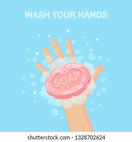 Washing hands with soap foam, scrub, gel bubbles. Personal hygiene, daily routine concept. Clean body. Vector cartoon design