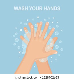 Washing hands with soap foam, scrub, gel bubbles. Personal hygiene, daily routine concept. Clean body. Vector cartoon design