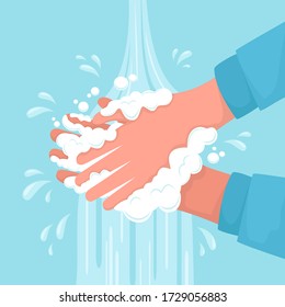 Washing Hands With Soap Foam Under Running Water. Health, Cleanliness And Body Care Concept. Wash Your Hands For Virus And Bacteria Prevention. Personal Hygiene To Stop Spreading Germs And Coronavirus