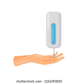 Washing hands with soap, hand sanitizer dispenser pump with drops of liquid, prevention of infectious diseases, health care and sanitation vector Illustration