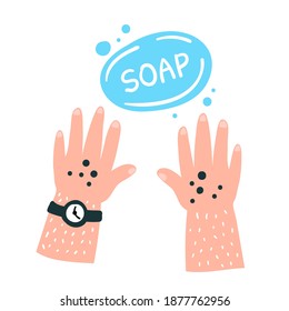 Washing hands with soap. Hygiene poster. Flat design, hand drawn vector illustration.