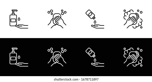 Washing hands with soap icon set. Flat design icon collection isolated on black and white background.