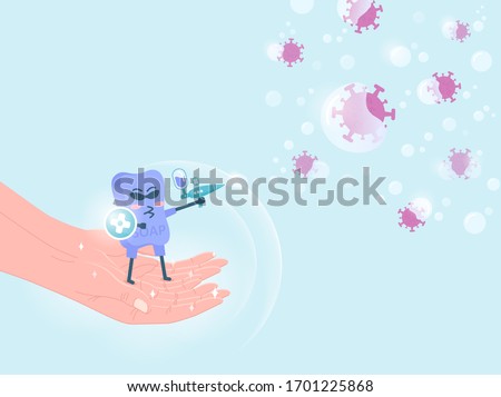 Washing hands with soap to kill virus. Coronavirus or Covid-19 prevention tips. Cool Soap Character with gun and shield. Soap in hand