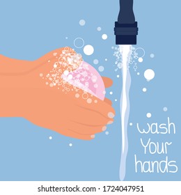 Washing hands with soap and lettering Wash Your Hands. Cartoon vector stock illustration isolated on blue background. To prevent virus and bacteria. Design in flat style.