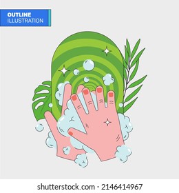 Washing hands with soap outline illustration