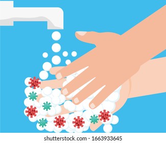 Washing hands with soap to prevent virus and bacteria vector Illustration.