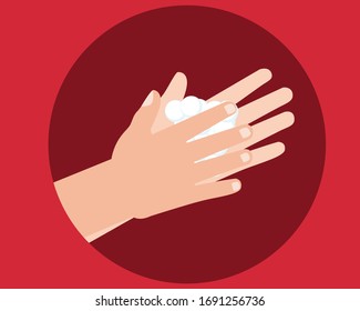 Lavarse las manos con jabón para prevenir virus y bacterias en un fondo rojo. 