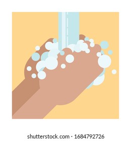 Washing hands. Hands washing with soap in proper technique and flowing water. Hand drawn vector in simple flat style. Rubbing palms. Prevent coronavirus epidemic. Prevention of flu 