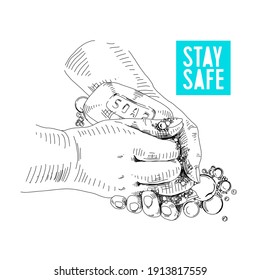 Washing hands with soap, retro hand drawn vector illustration. Stay safe sign. Prevention of infections, virus and bacteria, sketch vintage engraving isolated on white background.