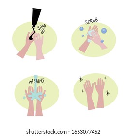 Washing hands with soap and scrub to prevent germs. Hygiene Concept. Vector Illustration.

