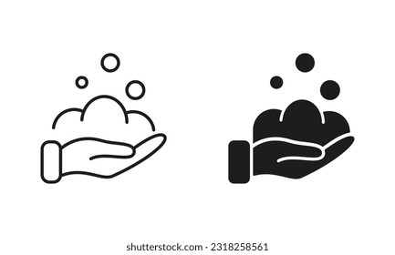 Washing Hands with Soap Symbol Collection. Human Hand, Soap Foam and Bubbles Line and Silhouette Icon Set. Concept of Prevention, Care and Protection Health. Isolated Vector illustration.