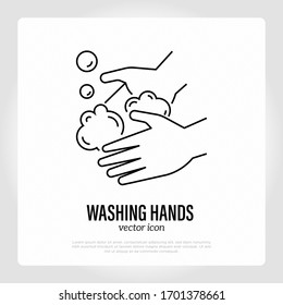 Hände mit Seife waschen. Dünne Linie Symbol. Hygiene zur Vorbeugung von Coronavirus. Illustration zur Gesundheitsversorgung und medizinischen Vektorillustration.