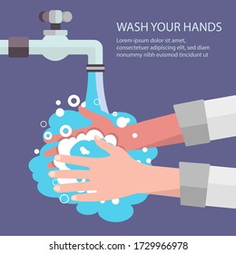 Washing hands with soap under water tap. Pandemic of coronavirus. Self protect from virus. Wash your hands. Washing hands with soap to prevent virus and bacteria.Vector stock illustration.