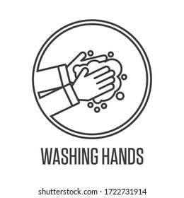 Lavar manos con señal vectorial de jabón. Icono de Limpie Manos. Lávese el concepto de la mano. Brazo en burbujas de jabón de espuma. Higiene personal. Desinfección, cuidado de la piel. Lavado antibacteriano. EPS 10.