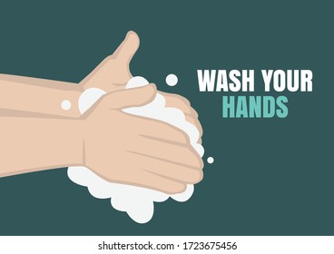 Washing hands with soap vector sign. Hygiene concept. Flat cartoon isolated on green background vector illustration.