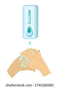 Washing hands with soap vector sign. Washing hands with soap to prevent virus and bacteria.Vector illustration. Isolated on white background. Liquid soap in hand wash dispenser.