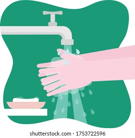 Washing hands with soap and water flows flat vector illustration. clean hands to prevent viruses and bacteria with soap. Getting used to washing hands, virus protection vector concept.