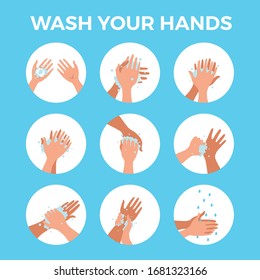 Washing hands with soap and water properly cartoon vector illustration. Flat medical care hygiene personal skin cleaning procedure colorful concept. Virus prevention protection steps design template  