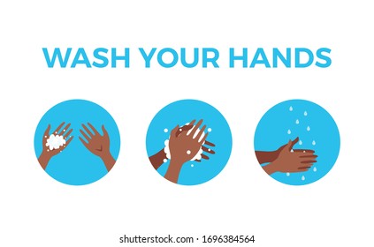 Washing hands with soap and water properly cartoon vector illustration. Flat medical care hygiene personal skin cleaning procedure colorful concept. Virus prevention protection steps design template