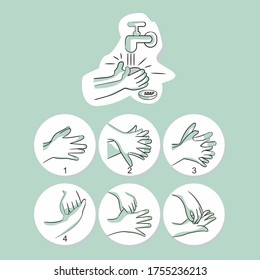 Washing hands with soap and water properly cartoon vector illustration. Flat medical care hygiene personal skin cleaning procedure colorful concept. Virus prevention protection steps design template
