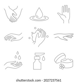 Washing hands - spa, beauty salon  symbols of wellness, cleaning, protection, health care. Linear vector icon set.