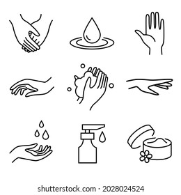 Washing hands - spa, beauty salon  symbols of wellness, cleaning, protection, health care. Linear vector icon set.