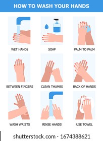 Washing Of Hands And Step By Step Info-graphic Vector. Hygiene Dispenser, Infection Control Symbol Against Colds, Flu, Corona-virus. Sanitizer Or Liquid Soap Application.