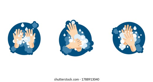 Washing Hands step by step instructions. 3 washing hands illustrations in cartoon flat style. Vector illustration