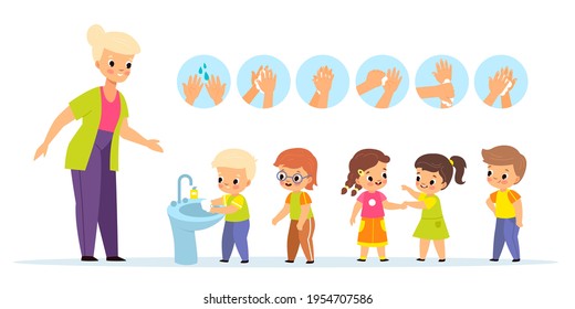 Washing hands teach. Children characters with kindergarten teacher, proper arms wash schemes, kids education, babies queue. Boys and girls daily routine. Vector cartoon isolated concept