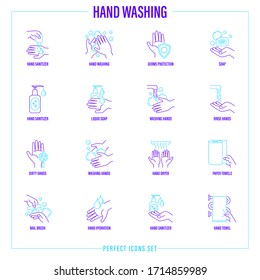 Washing hands thin line icons set: hand sanitizer, germs protection, liquid soap, dirty hands with microbes, hand dryer, paper towels, nail brush, antibacterial soap. Vector illustration.