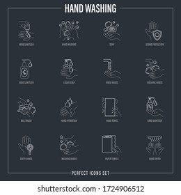 Washing hands thin line icons set: hand sanitizer, germs protection, liquid soap, dirty hands with microbs, hand dryer, paper towels, nail brush, antibacterial soap. Vector illustration. 