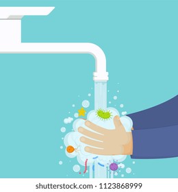 Washing hands under the faucet with soap, hygiene concept. Cleaning hands from germs, bacteria.