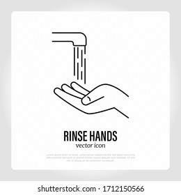 Washing hands: hands under faucet. Thin line icon. Hygiene for prevention coronavirus. Healthcare and medical vector illustration.