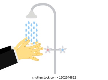 Washing hands under a tap with soap and water. The concept of hygiene, clean your hands after street before dinner. Vector illustration.