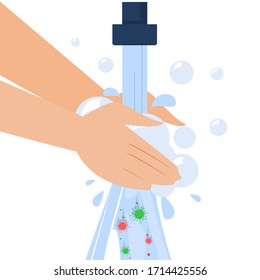 Washing hands under the water vector isolated. Personal hygiene, protection from infectious disease such as coronavirus and flu. Healthy lifestyle. Washing away microbes and germs
