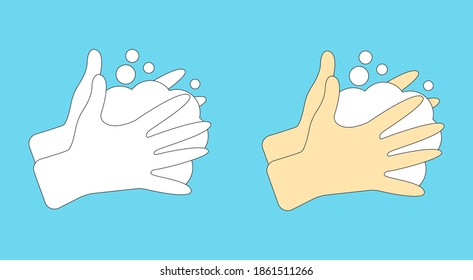 Washing hands vector illustrations set in outline and filled styles. Hand wash flat style colorful icon isolated