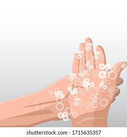 washing hands. Wash hands properly. Wash your hands using soap and water. Disinfectant skin care. Wash your hands to clean bacteria. Vector illustration of good hand washing with soap.