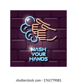 washing hands with water and soap, neon light vector illustration design