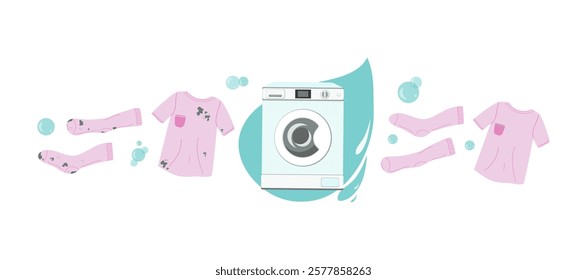 Washing household linen. Clean and dirty clothes. Laundry, household appliances. Washing machine. Soap foam, bubbles, drops.