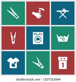 Washing icon. collection of 9 washing filled icons such as cloth pin, ironing table, dirty laundry. editable washing icons for web and mobile.