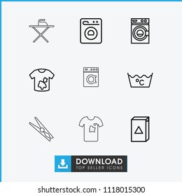 Washing icon. collection of 9 washing outline icons such as dirty laundry, laundry, cloth pin. editable washing icons for web and mobile.