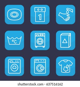 Washing icon. set of 9 outline washing icons such as soap, dirty laundry