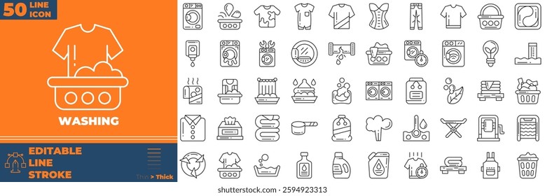 Washing icon set. Containing steam, detergent, fabric,and more. Line vector icons collection.