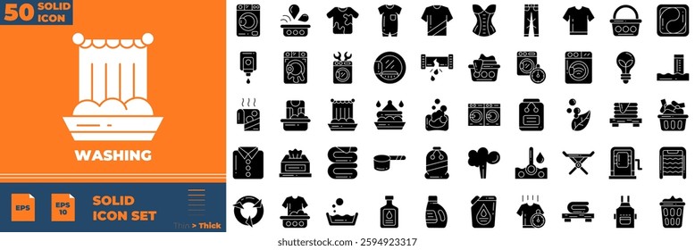 Washing icon set. Containing steam, detergent, fabric,and more. Solid vector icons collection.