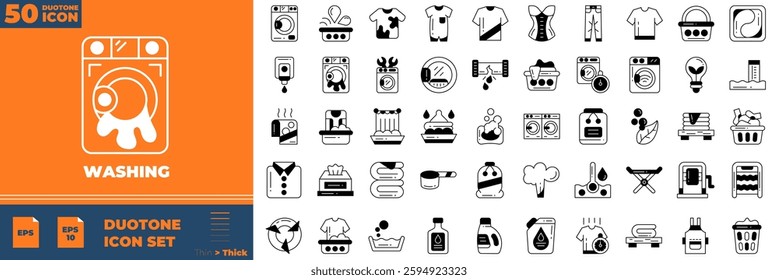 Washing icon set. Containing steam, detergent, fabric,and more. Duotone vector icons collection.