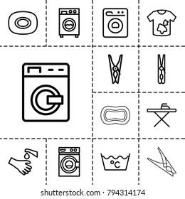 Washing icons. set of 13 editable outline washing icons such as soap, cloth pin, ironing table, dirty laundry
