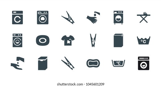 Washing icons. set of 18 editable filled washing icons: soap, cloth pin, ironing table, laundry